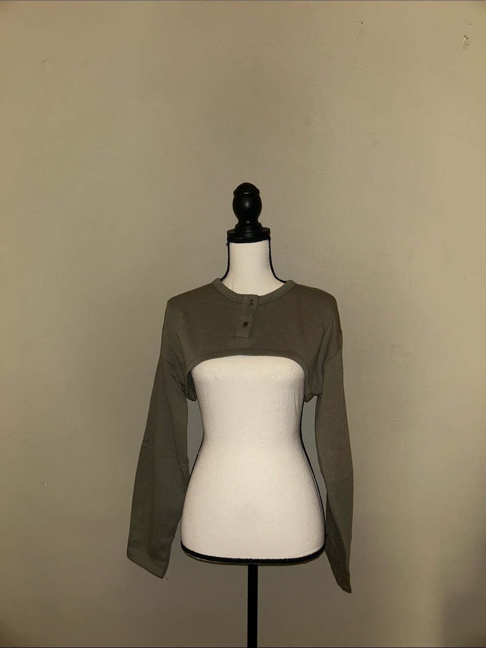 Zara Olive Green Cropped Henley Long-Sleeve Top
